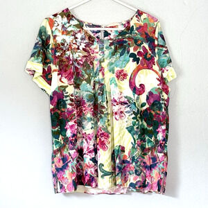 Soft Surroundings Top Size XL Floral Short Sleeve Rayon, Colorful Boho Preppy